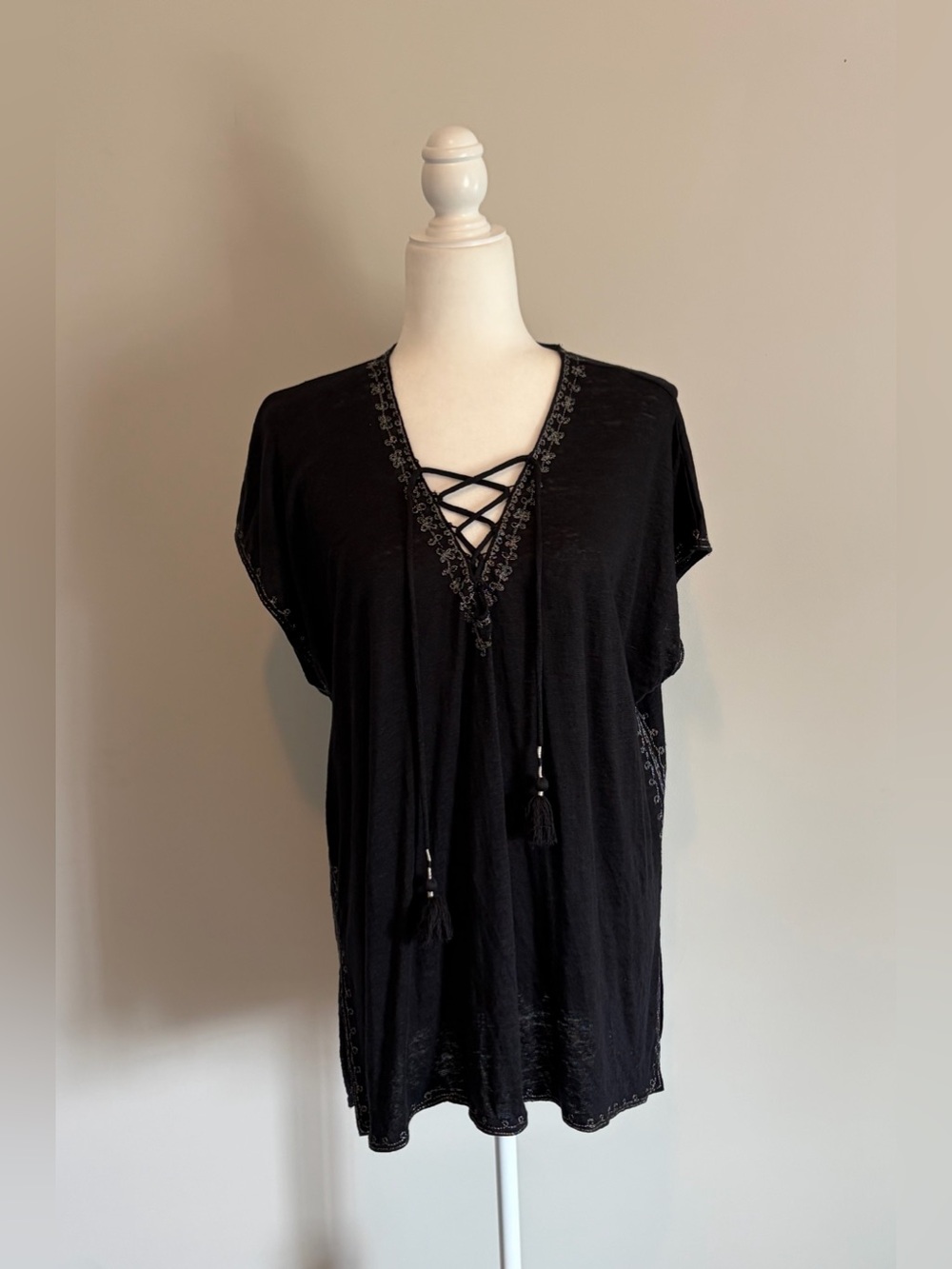 Calypso St Barth Lace-Up Linen Cover-up Tunic with Embroidered Trim size XS